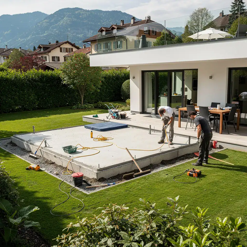 Travailleurs en train de couler une dalle en béton pour une terrasse.