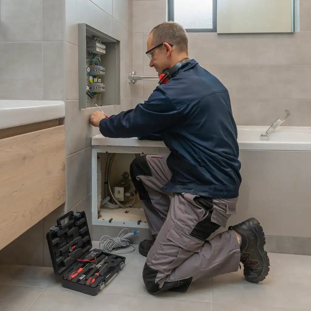 Technicien en train de travailler sur un panneau électrique dans une salle de bain moderne.
