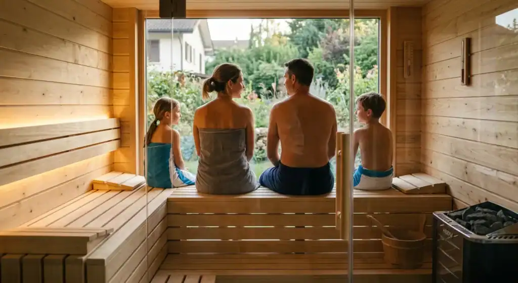 Famille dans un spa en bois avec vue sur l'extérieur.