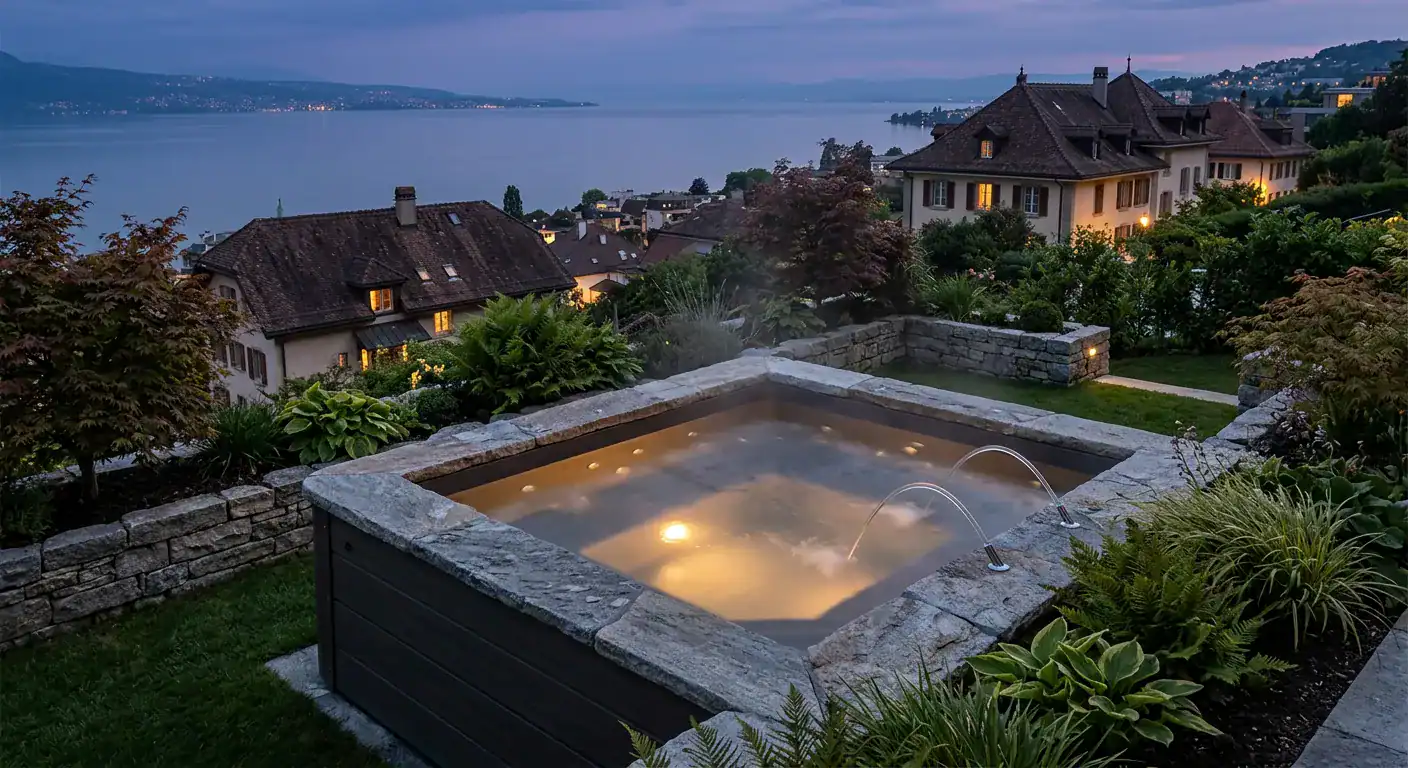 Jacuzzi extérieur en pierre avec jets d'eau et lumière.