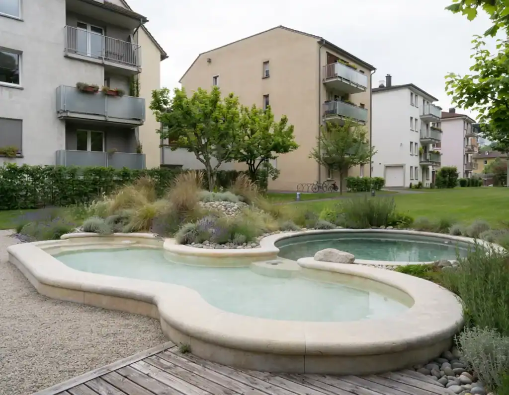 Piscine en béton arrondi avec margelle en pierre et végétation environnante.