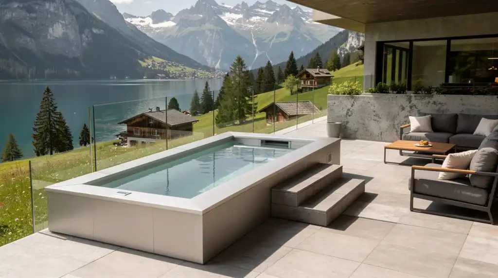 Piscine extérieure en béton avec vue sur lac et montagnes.