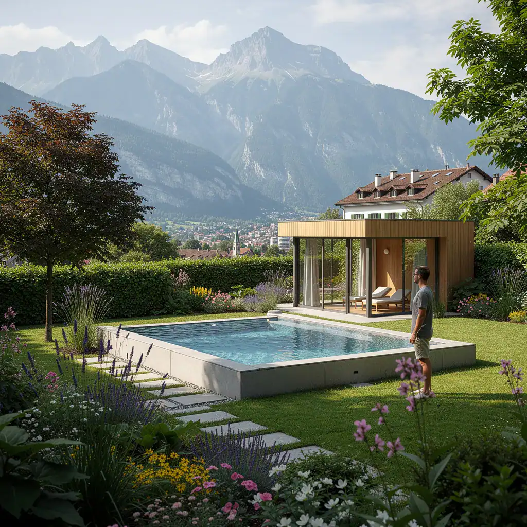 Piscine rectangulaire en béton avec eau claire et jardin fleuri.