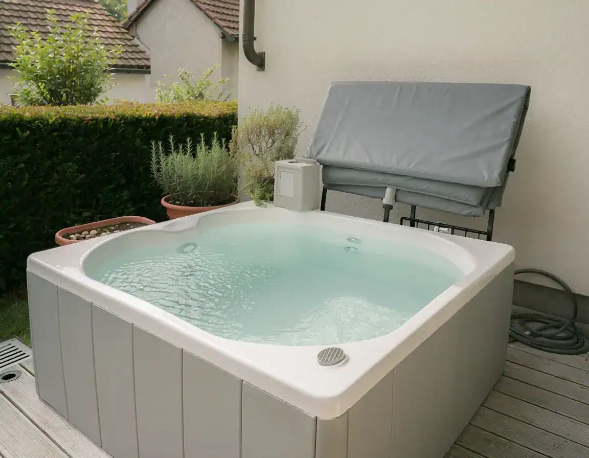 Spa extérieur avec couverture pliable en tissu gris et jets d'eau.