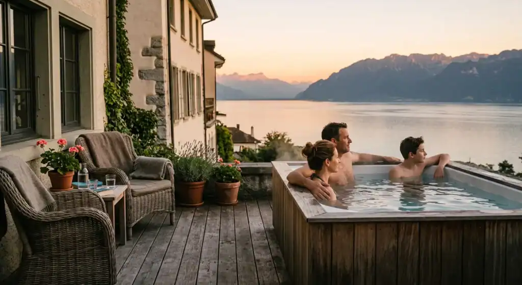 Groupe de personnes dans un spa en bois avec vue sur un lac et montagnes.