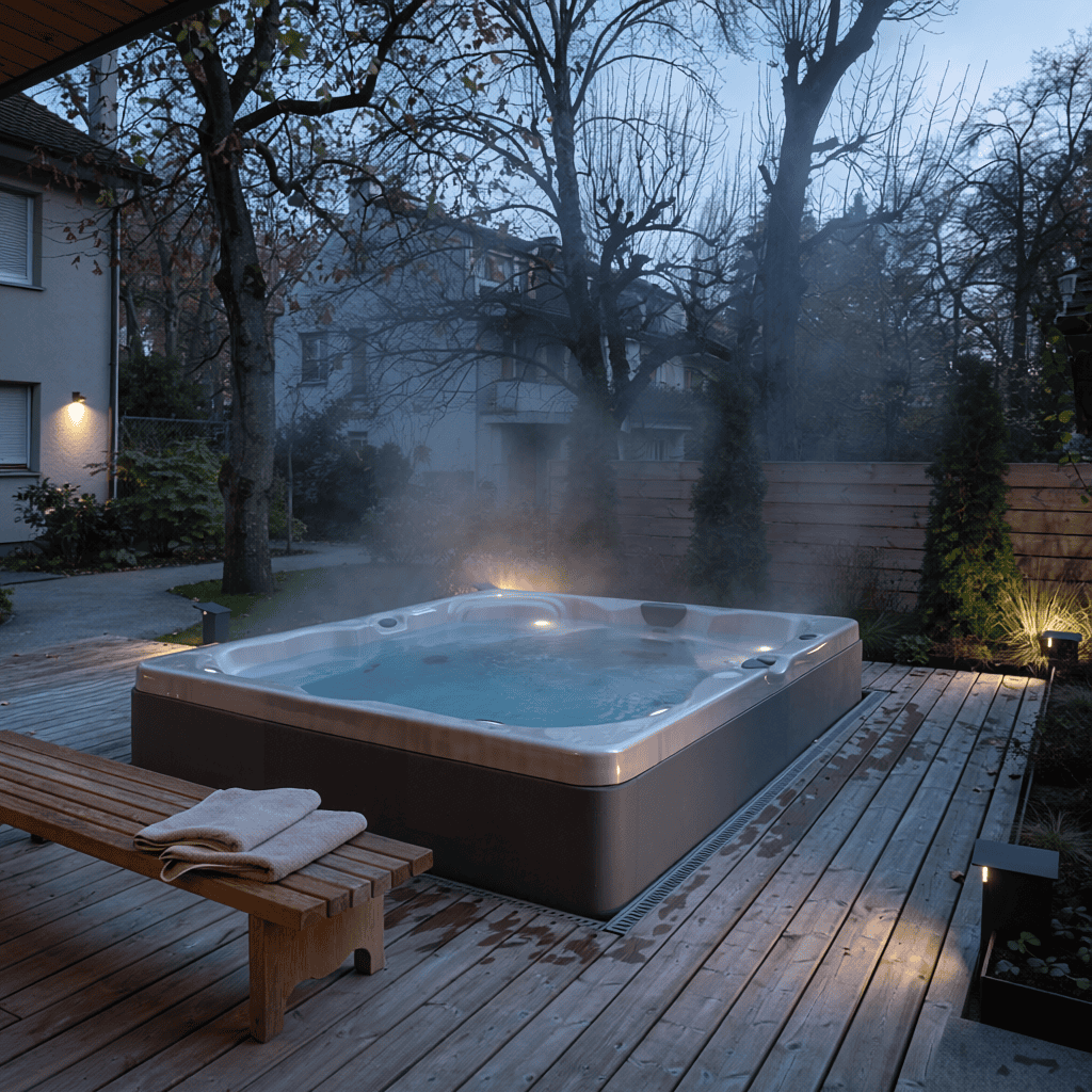 Spa extérieur en bois avec vapeur et éclairage ambiant.