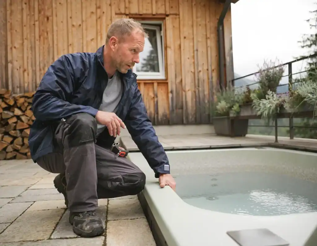 Homme ajustant le couvercle d'un spa extérieur en bois clair.