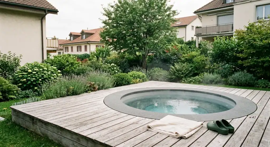 Spa jacuzzi rond avec margelle en pierre et eau claire.